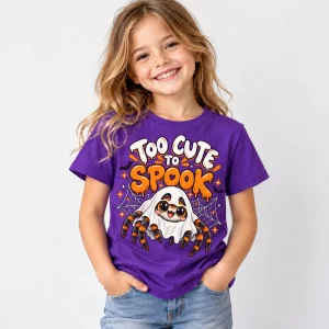 Young girl wearing purple cute Halloween spider shirt with white ghost spider and orange lettering