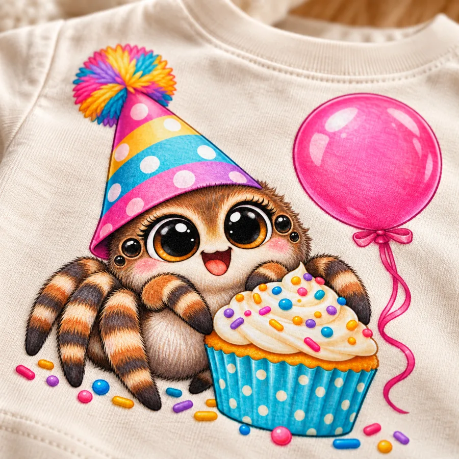 Close-up of Tiny Party Spider birthday print on cream cotton fabric showing colorful spider and cupcake details