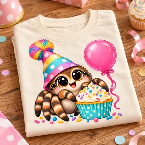Folded cream Tiny Party Spider toddler spider birthday shirt showing the spider, cupcake and balloon artwork