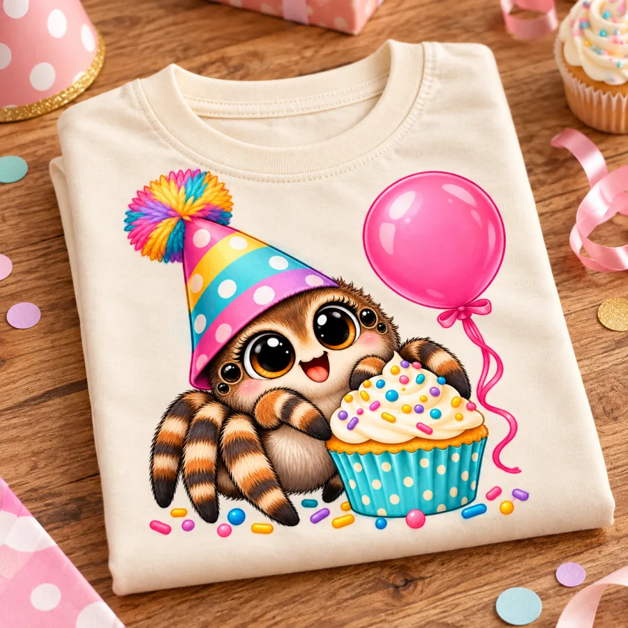 Folded cream Tiny Party Spider toddler spider birthday shirt showing the spider, cupcake and balloon artwork