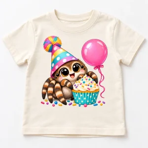 Front flat lay of cream Tiny Party Spider toddler spider birthday shirt with colorful spider, cupcake and balloon design