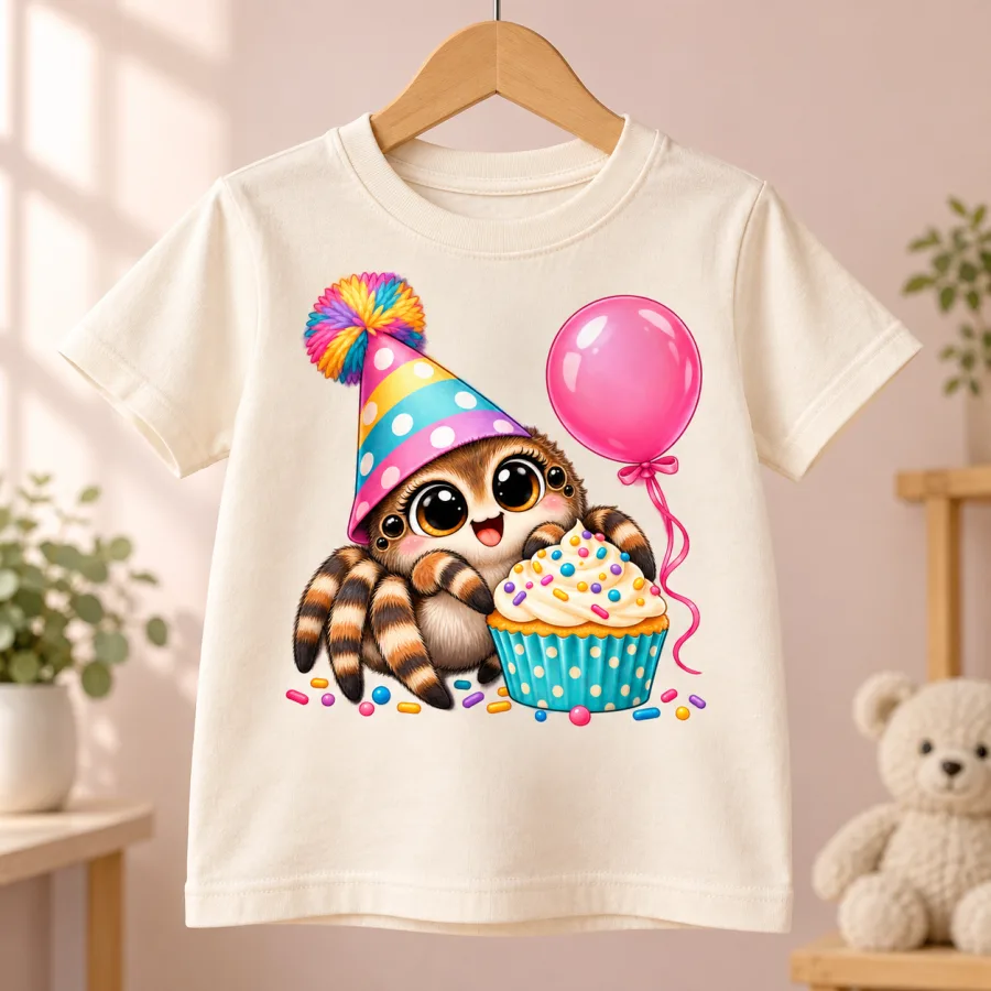Cream Tiny Party Spider toddler birthday tee displayed on a wooden hanger with colorful spider party print