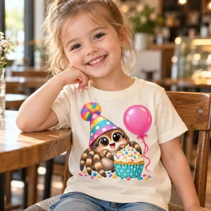 Lifestyle view of a child wearing the cream Tiny Party Spider toddler spider birthday shirt in a warm casual setting