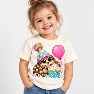 Happy toddler wearing cream Tiny Party Spider toddler spider birthday shirt with colorful front birthday artwork