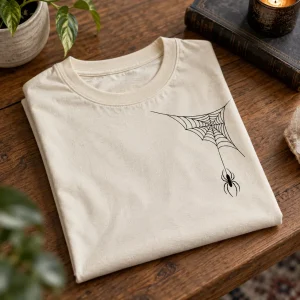 Folded natural Tiny Pocket Web shirt showing the small chest web
