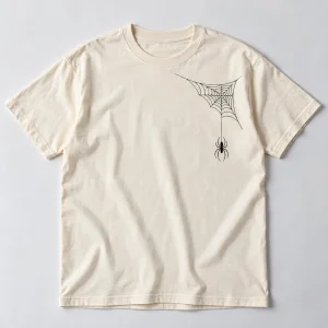 Front flat lay of natural Tiny Pocket Web minimalist spider web shirt