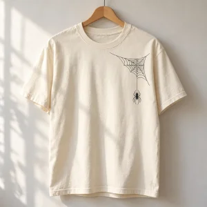 Natural Tiny Pocket Web unisex tee on a wooden hanger