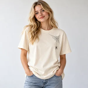Woman wearing natural Tiny Pocket Web tee with tailored chinos