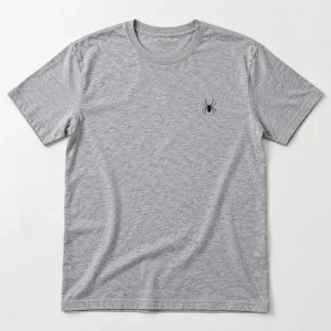 Front flat lay of Heather gray Tiny Spider Chest small spider shirt with black left-chest spider icon