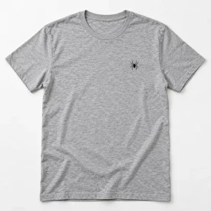 Woman wearing Heather gray Tiny Spider Chest small spider shirt with minimalist black chest graphic
