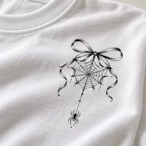 Close-up of Tiny Web Bow black line-art spider web print on white cotton fabric