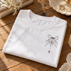 Folded White Cropped tee with Tiny Web Bow spider web print visible on top