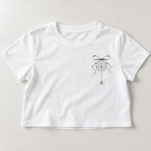 Front flat lay of White Cropped tee with Tiny Web Bow spider web left-chest print