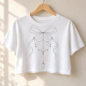 White Cropped tee on wooden hanger showing Tiny Web Bow left-chest artwork