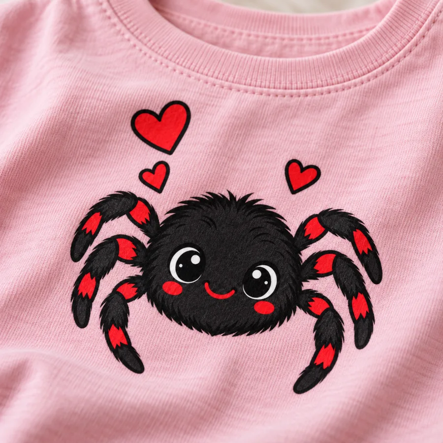Close-up of Tiny Web Buddy spider print showing black and red artwork on pale pink cotton fabric