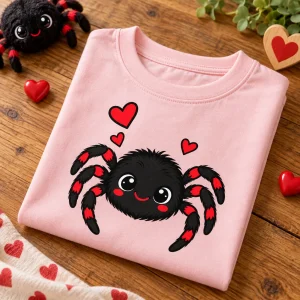 Folded pale pink Tiny Web Buddy toddler spider shirt with smiling spider and three red hearts visible