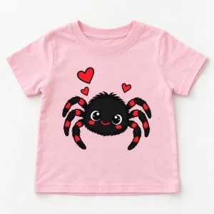 Front flat lay of pale pink Tiny Web Buddy toddler spider shirt with black and red smiling spider and hearts