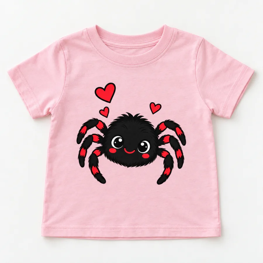 Front flat lay of pale pink Tiny Web Buddy toddler spider shirt with black and red smiling spider and hearts