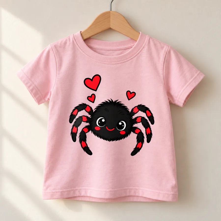 Pale pink Tiny Web Buddy toddler spider shirt displayed on a natural wooden hanger
