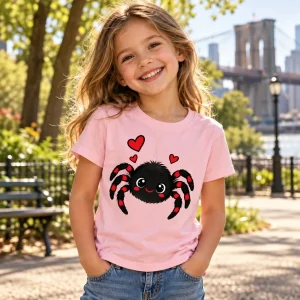 Lifestyle photo of child wearing pale pink Tiny Web Buddy toddler spider shirt outdoors