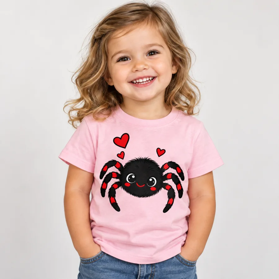 Child wearing pale pink Tiny Web Buddy toddler spider shirt with cute black spider and red heart graphic