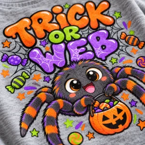 Close-up of Trick Or Web spider print showing colorful lettering candy details and Heather gray fabric texture