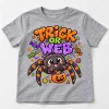 Front flat lay of Heather gray Kids Trick Or Web trick or treat spider shirt with colorful Halloween spider graphic