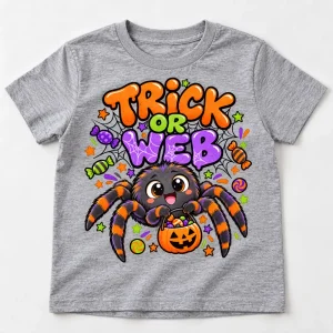 Front flat lay of Heather gray Kids Trick Or Web trick or treat spider shirt with colorful Halloween spider graphic