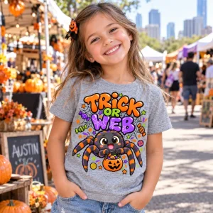 Girl wearing Heather gray Trick Or Web trick or treat spider shirt at a lively Austin street market