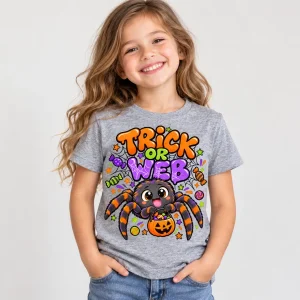 Cheerful girl wearing Heather gray Kids Trick Or Web spider shirt with orange purple and green Halloween artwork