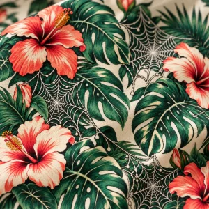 Close-up of Tropical Web Garden spider Hawaiian shirt fabric showing emerald monstera leaves, coral hibiscus and fine orb webs