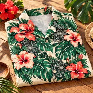 Folded cream Tropical Web Garden spider Hawaiian shirt on wooden table with tropical botanical and orb web print visible