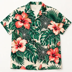 Front flat lay of cream Tropical Web Garden spider Hawaiian shirt with monstera leaves, hibiscus flowers and orb webs