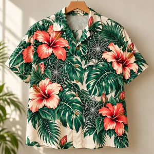 Cream Tropical Web Garden spider Hawaiian shirt on wooden hanger showing tropical leaves, flowers and orb webs
