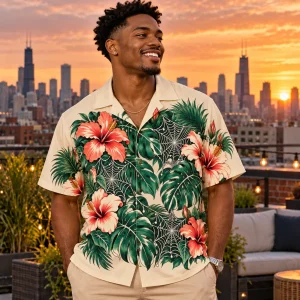 Man wearing cream Tropical Web Garden spider Hawaiian shirt on a Chicago rooftop at sunset
