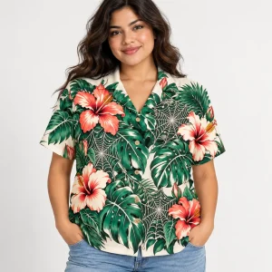 Woman wearing cream Tropical Web Garden spider Hawaiian shirt with emerald leaves, coral hibiscus flowers and web print