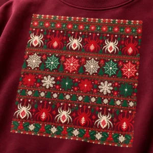 Close-up of Ugly Web Sweater print showing spiders, orb webs, snowflakes, stars and evergreen trees on burgundy fabric
