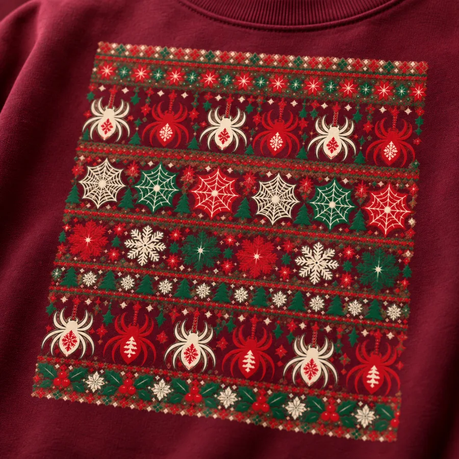Close-up of Ugly Web Sweater print showing spiders, orb webs, snowflakes, stars and evergreen trees on burgundy fabric