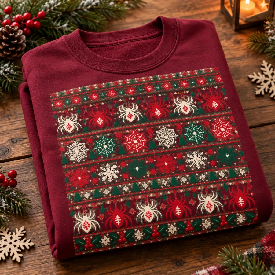 Folded burgundy Ugly Web Sweater spider Christmas sweater showing the colorful spider and web holiday print