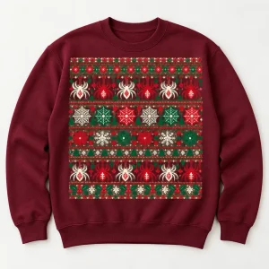 Front flat lay of burgundy Ugly Web Sweater spider Christmas sweater with spiders, webs, snowflakes, stars and evergreen trees