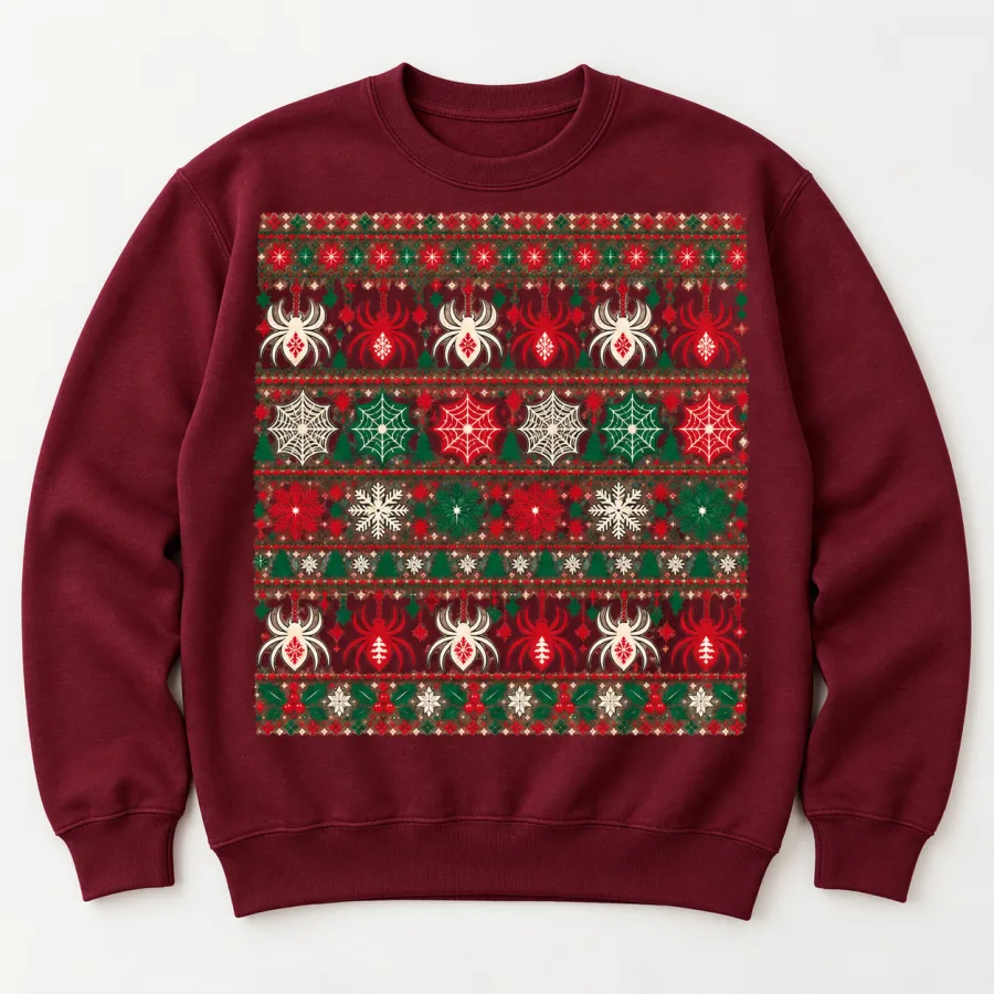 Front flat lay of burgundy Ugly Web Sweater spider Christmas sweater with spiders, webs, snowflakes, stars and evergreen trees