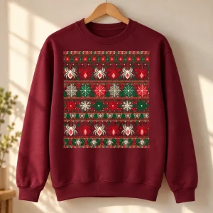 Burgundy Ugly Web Sweater spider Christmas sweater displayed on a wooden hanger with full front artwork visible