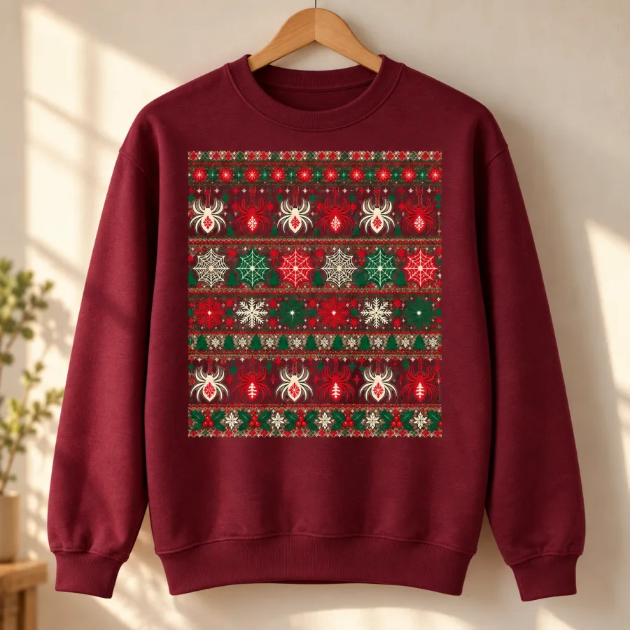Burgundy Ugly Web Sweater spider Christmas sweater displayed on a wooden hanger with full front artwork visible
