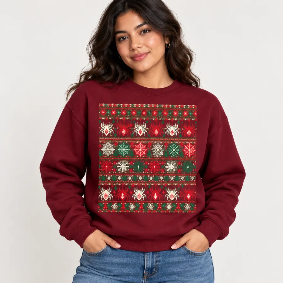 Woman wearing burgundy Ugly Web Sweater spider Christmas sweater with cream, red and green holiday pattern