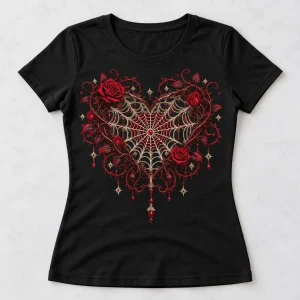 Front flat lay of black Velvet Night Web romantic gothic spider shirt