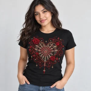 Woman wearing black Velvet Night Web fitted tee