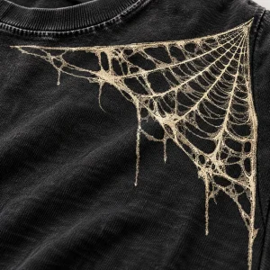 Close-up of distressed cream Vintage Corner Web print showing cracked ink and washed black cotton texture