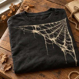 Folded washed black Vintage Corner Web vintage spider web shirt showing the aged cream web design on top