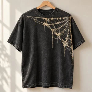 Washed black Vintage Corner Web vintage spider web shirt hanging on a wooden hanger with distressed cream print visible