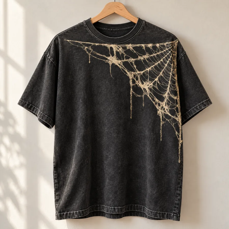 Washed black Vintage Corner Web vintage spider web shirt hanging on a wooden hanger with distressed cream print visible